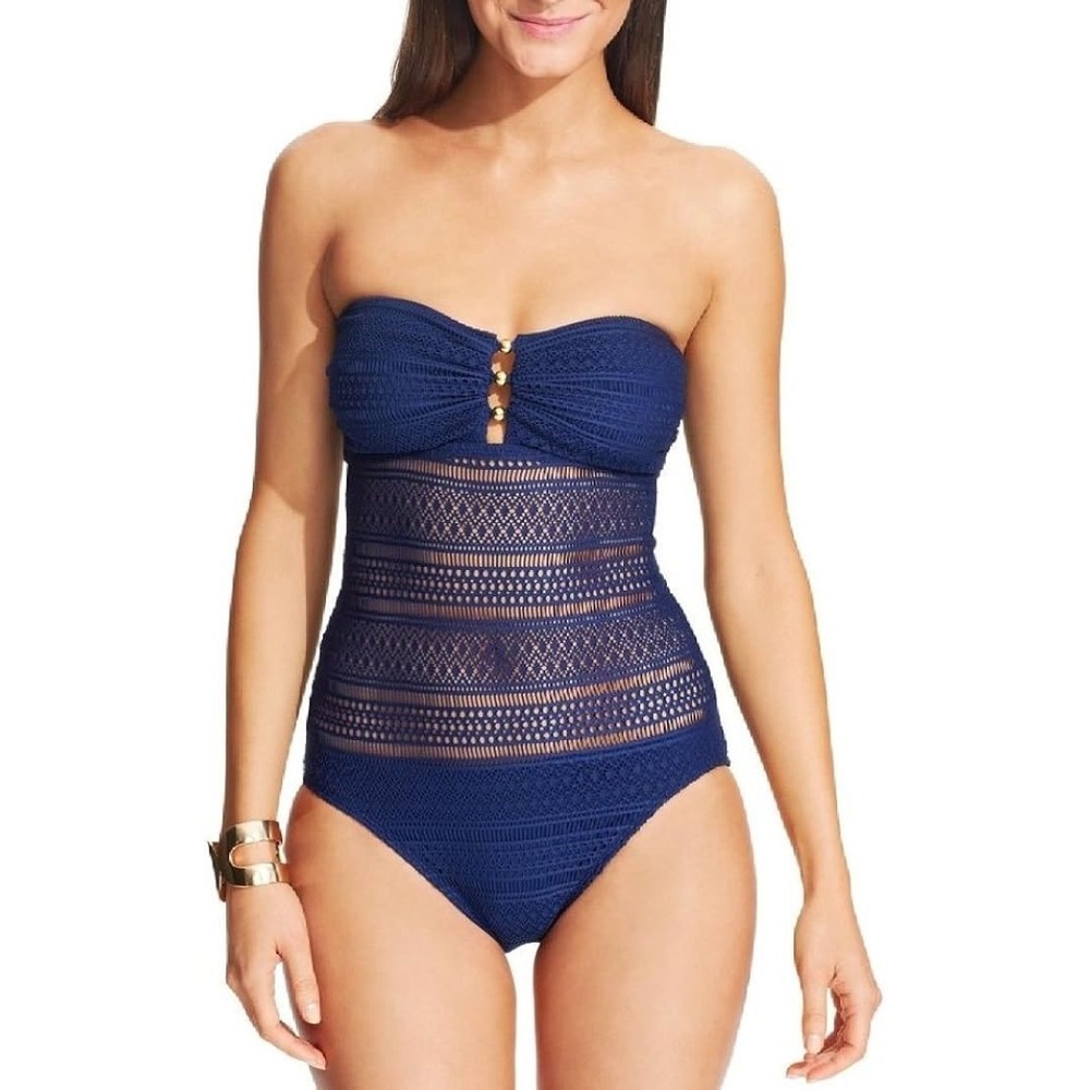 Lauren Ralph Lauren Womens Navy Blue Crochet One Piece Swimsuit Size 8 Halter